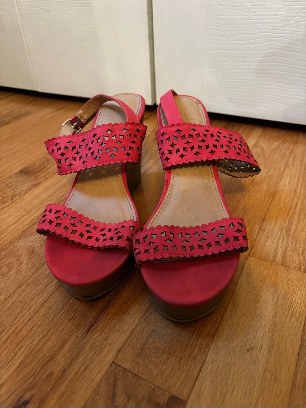 Women's Red Laser-Cut Platform Sandals - Comfort Wedge